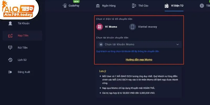 Nạp tiền Alo789 dùng ví điện tử